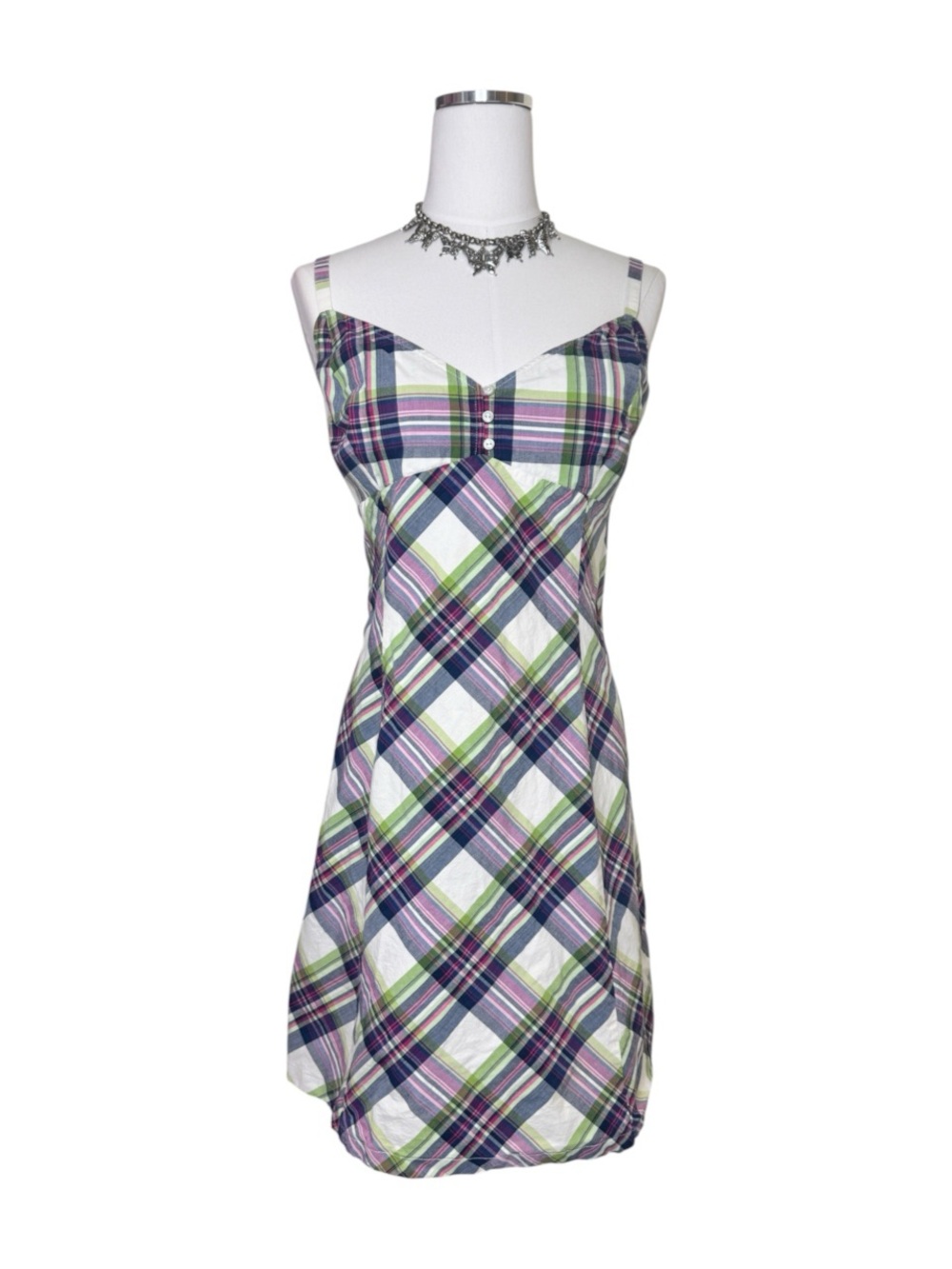 Y2K New York & Co Purple, Blue & Green Babydoll Plaid Button Cami Dress Size 16